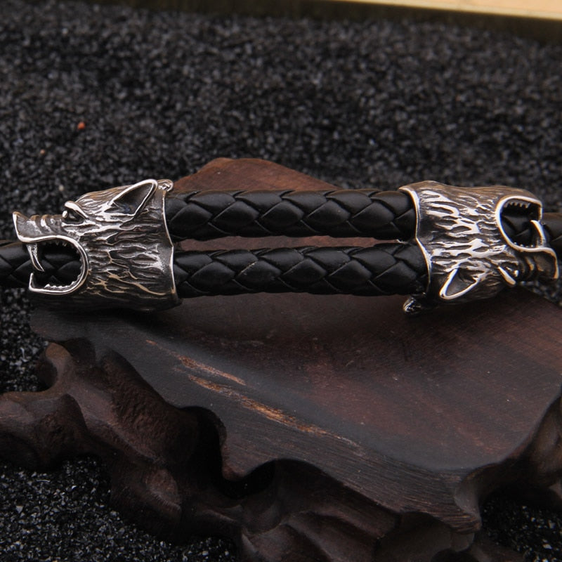 Wolf Head Leather Bracelet in Stainless Steel - GalacticElements