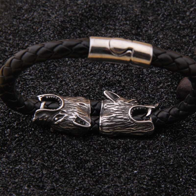 Wolf Head Leather Bracelet in Stainless Steel - GalacticElements